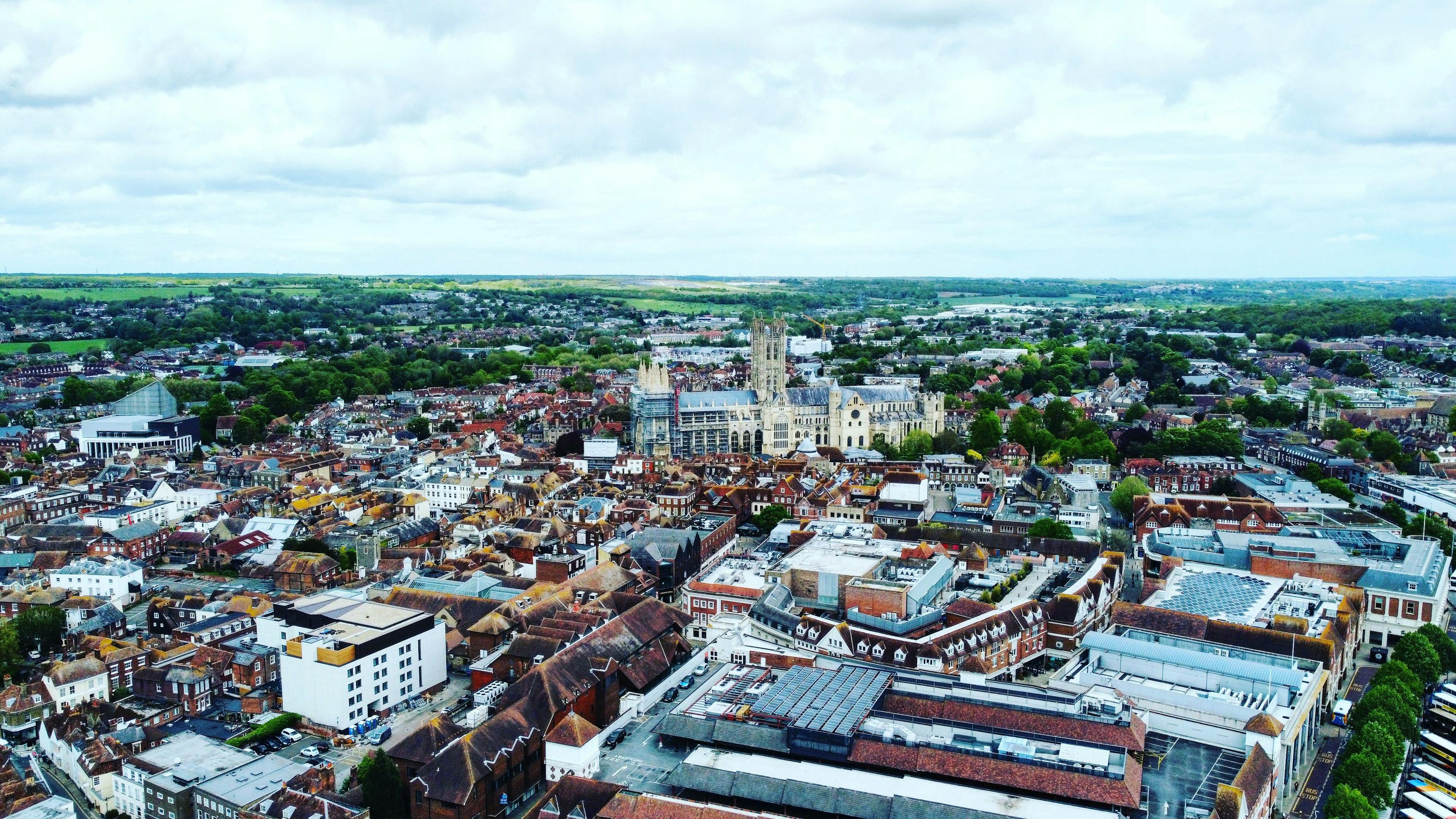 Aerial view of Canterbury in Kent, with Canterbury Cathedral in the distance
