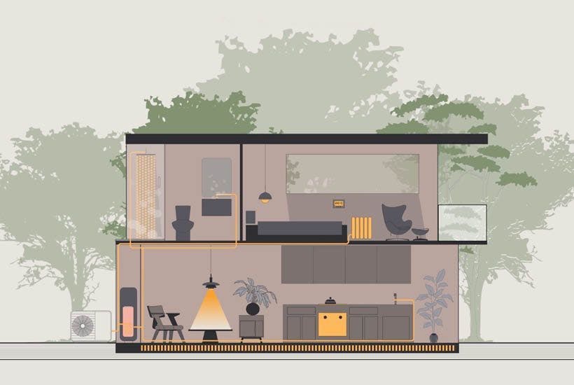 Illustration von einem freistehenden Haus mit einer Wärmepumpe