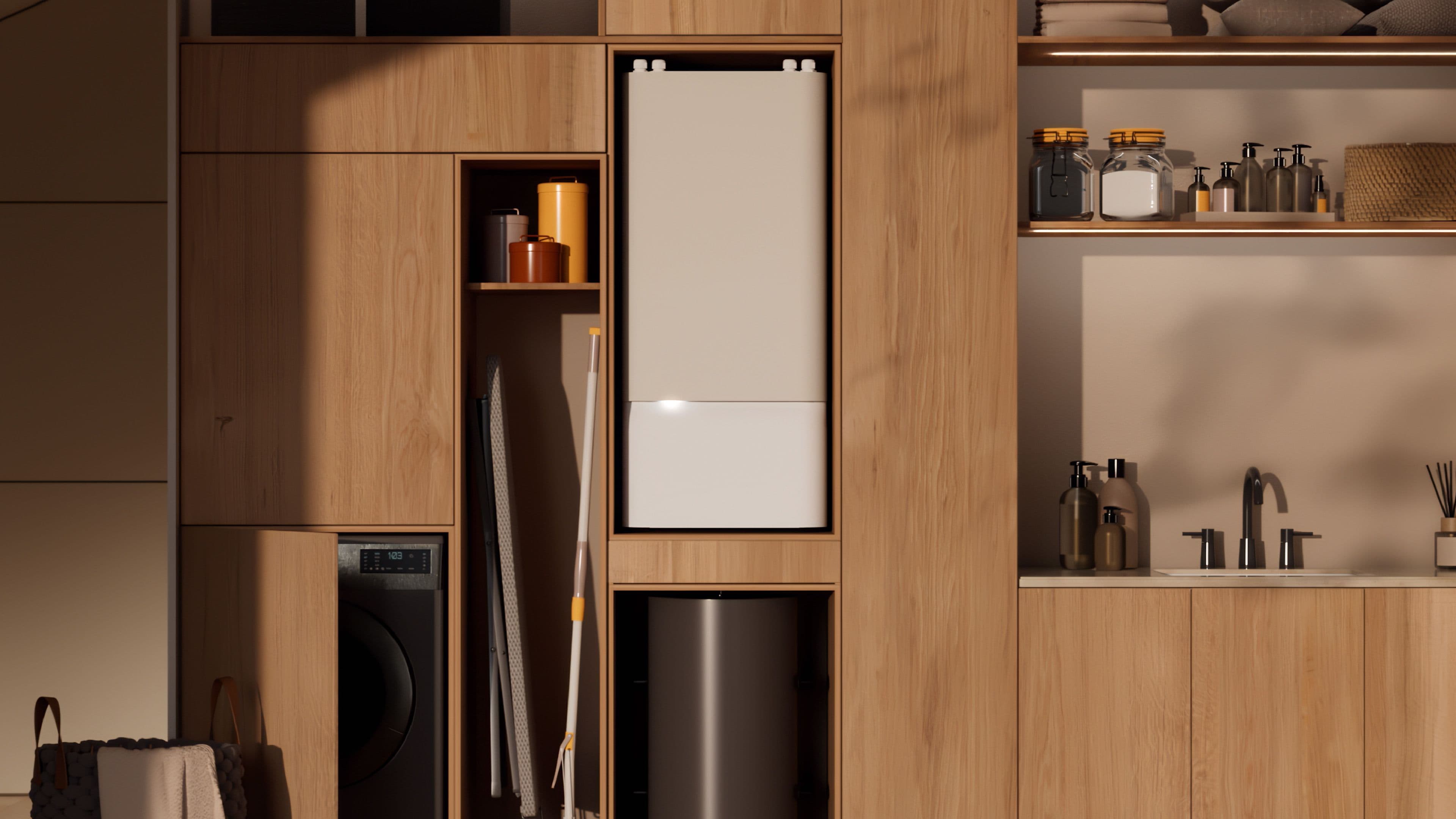 Picture of an Aira Indoor 100L Unit for a heat pump inside a kitchen