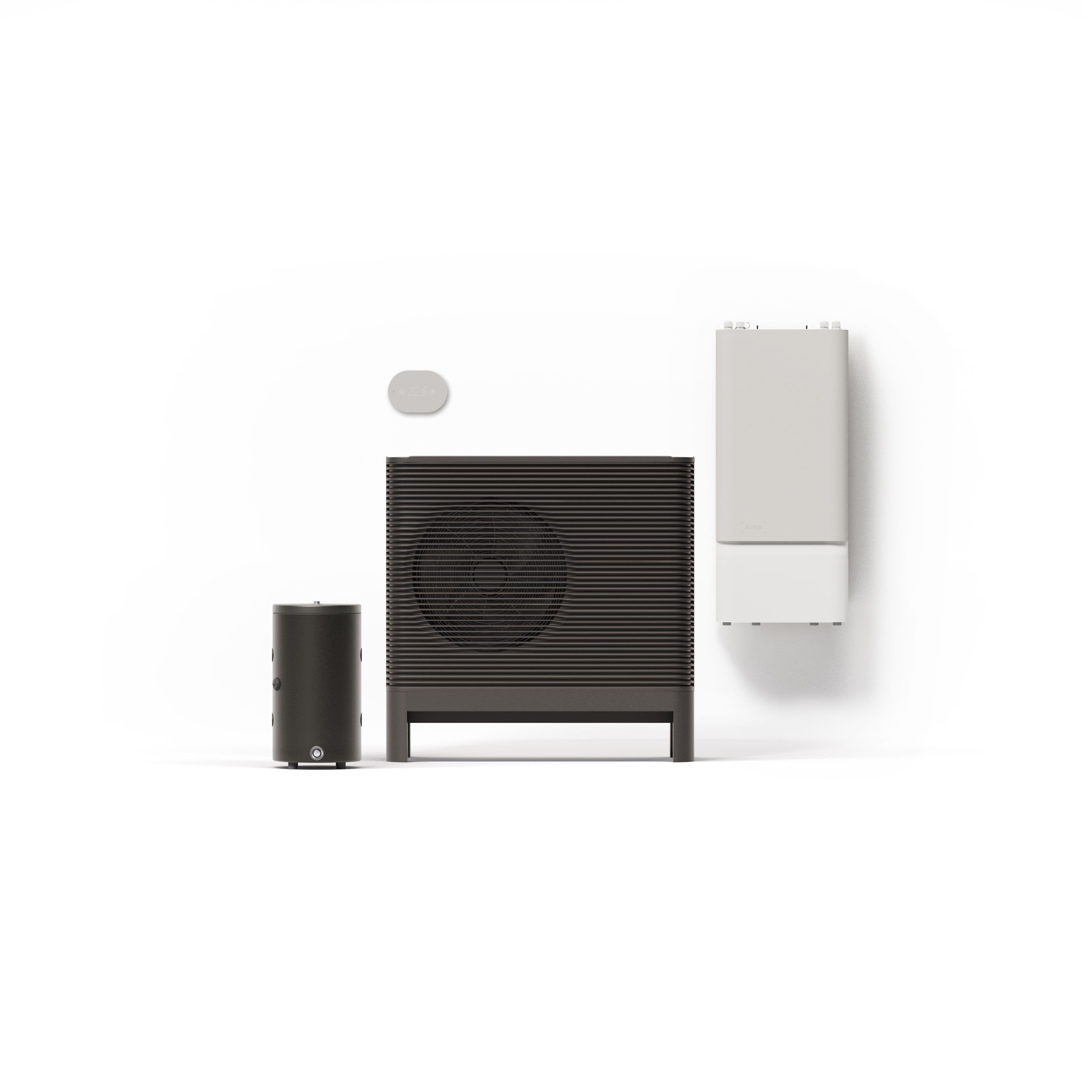 Aira Heat Pump Indoor Unit system with outdoor unit, buffer tank and thermostat