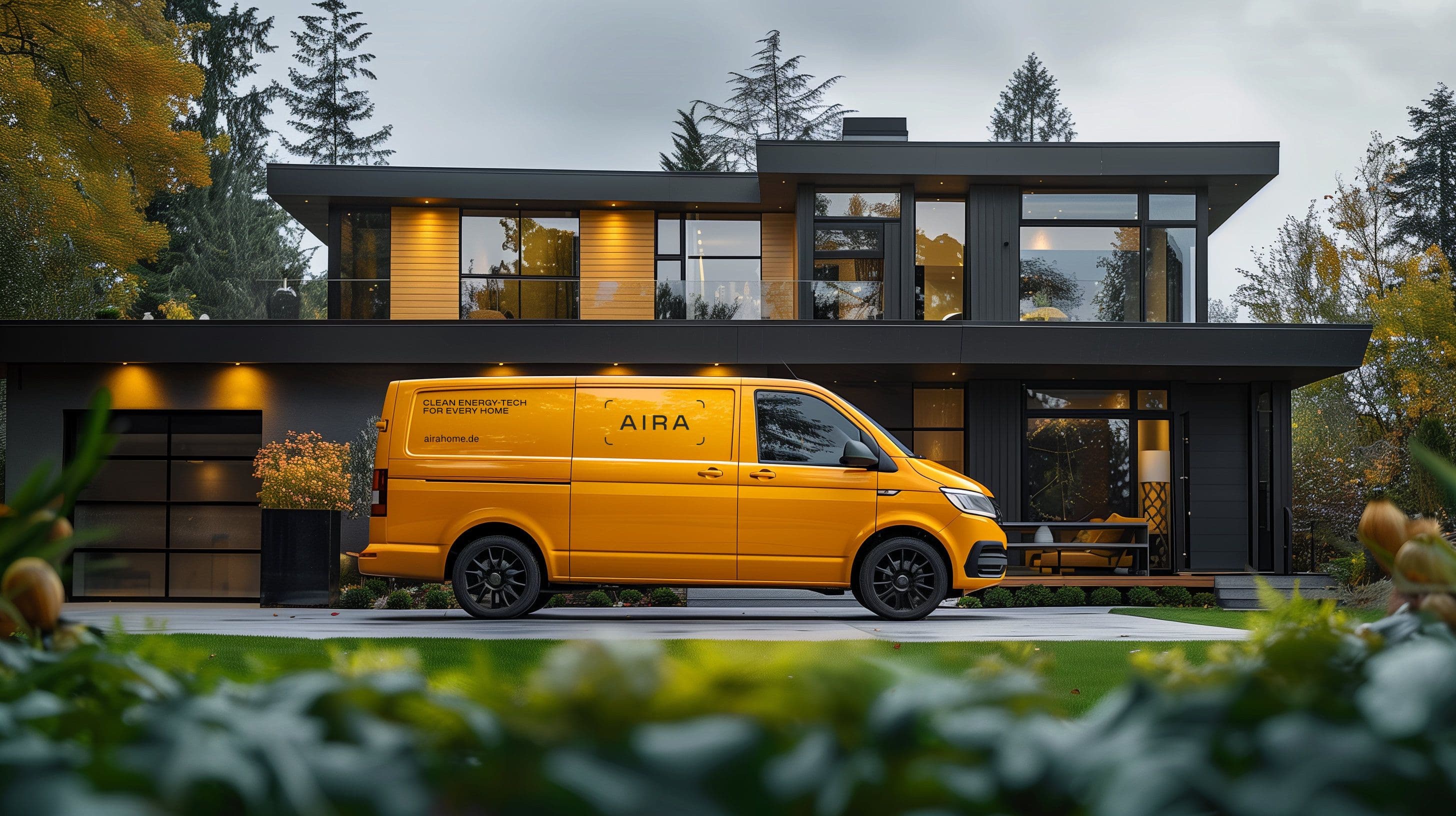 Aira Auto fährt an einem modernen Haus vorbei