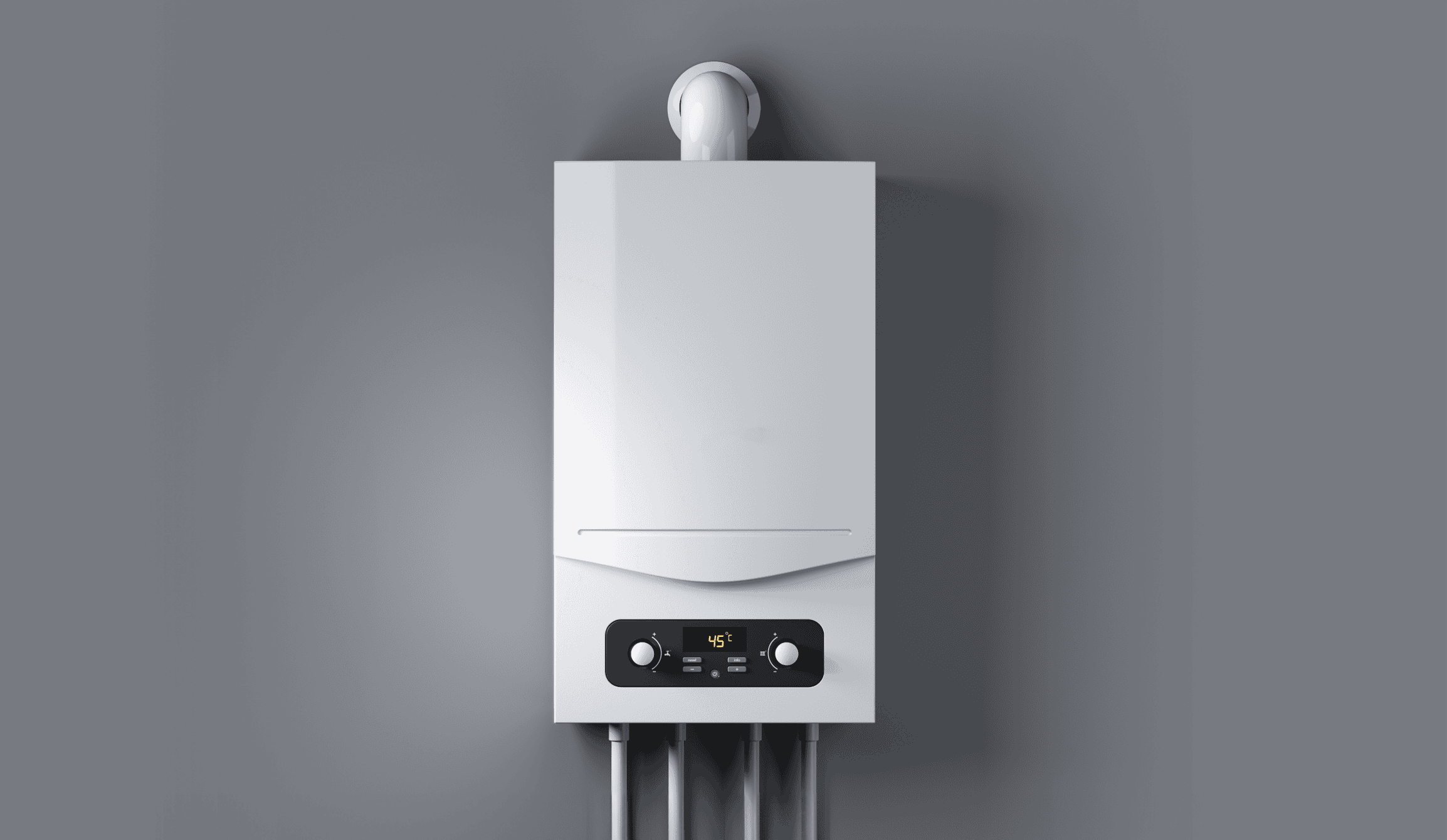 White boiler with pipes coming out the bottom and a flue out the top against a grey background