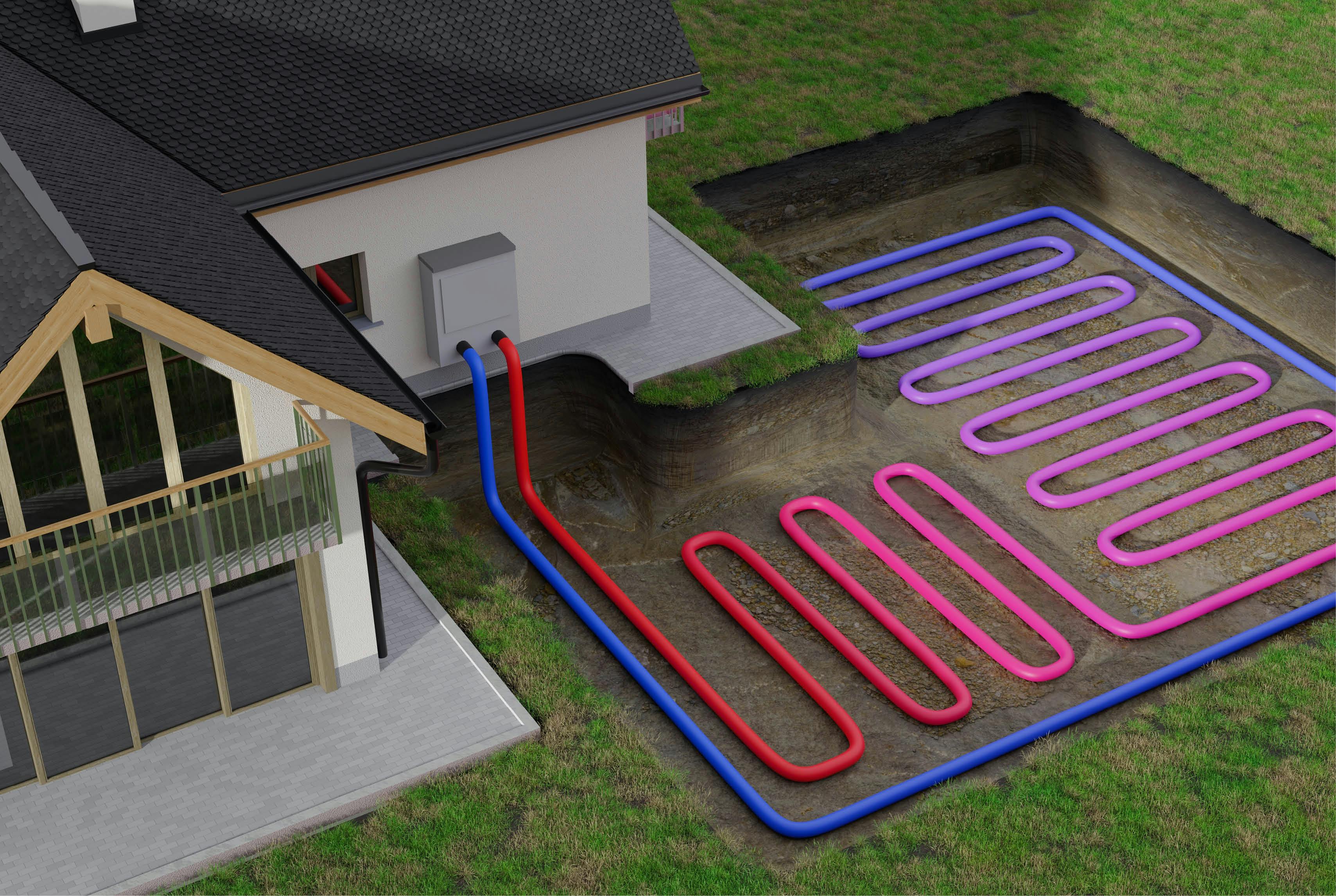 Illustration eines geothermischen Wärmepumpensystems an einem Haus