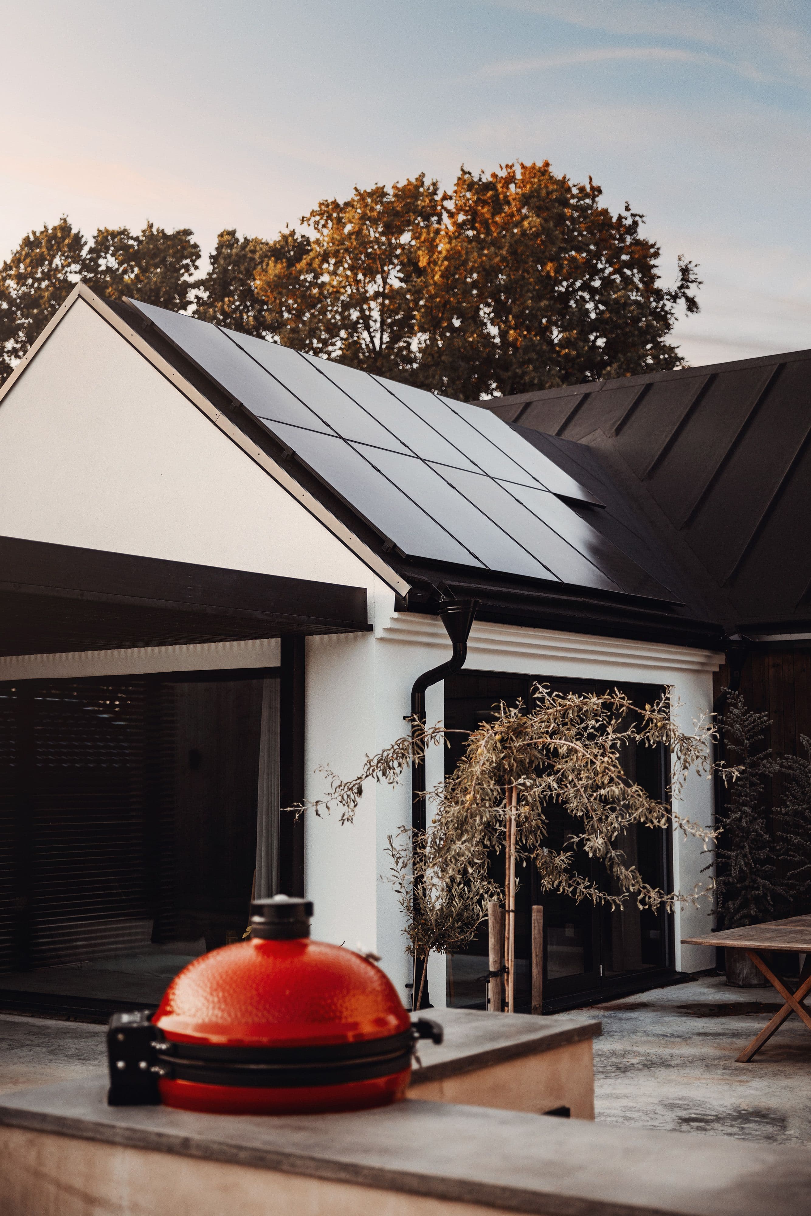 Haus mit Photovoltaik auf dem Dach aus der Gartenperspektive