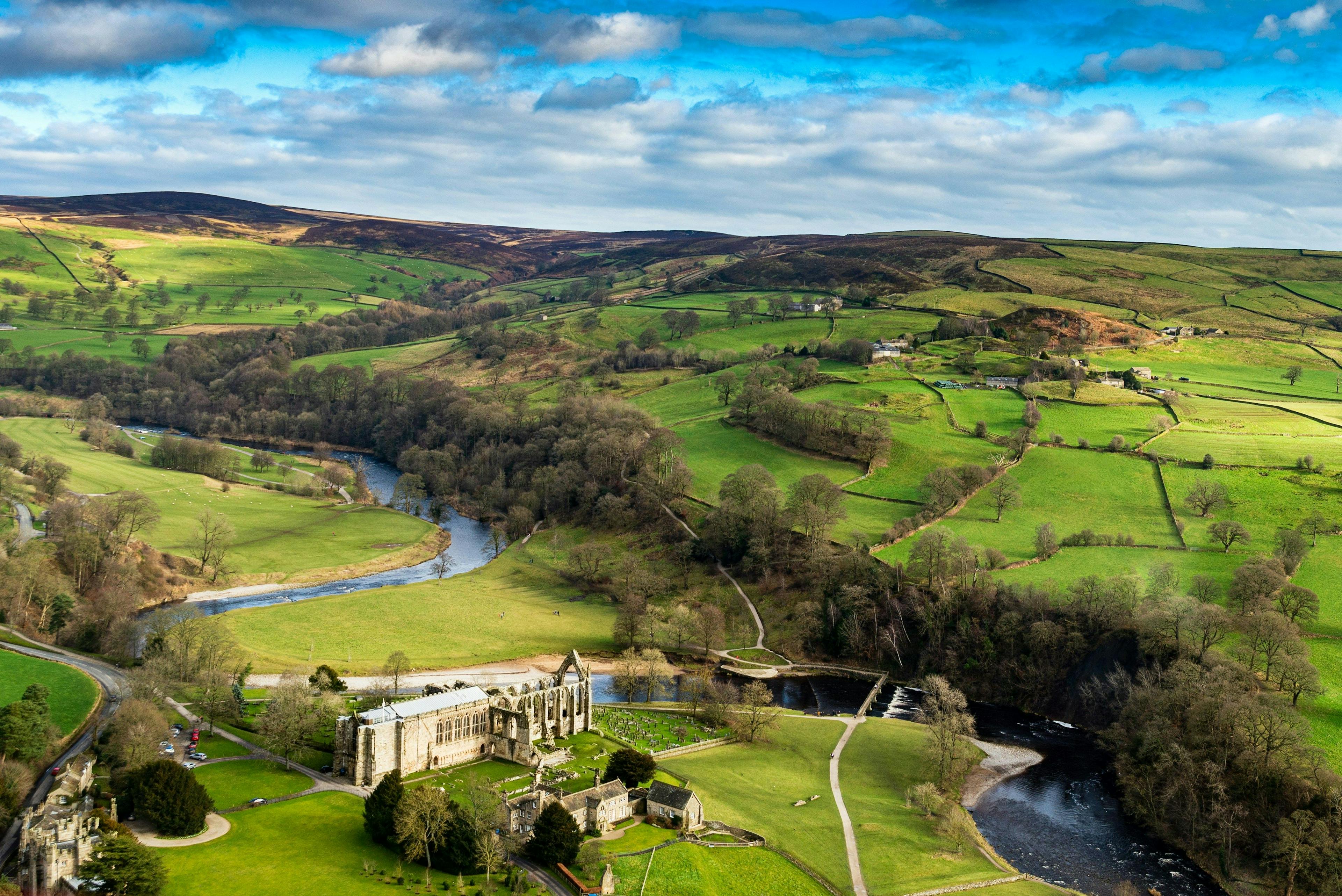 Aerial view of Bolton Abbey and the Yorkshire Dales