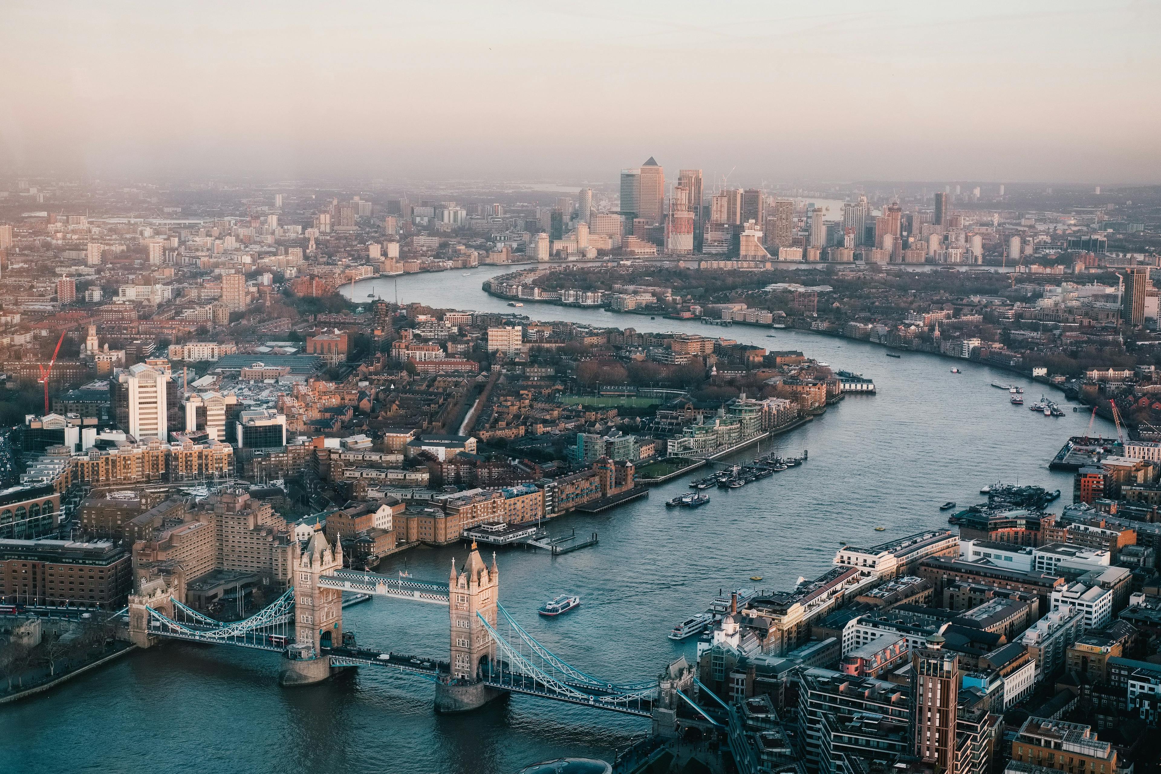 Aerial view of London with Tower Bridge and the river Thames