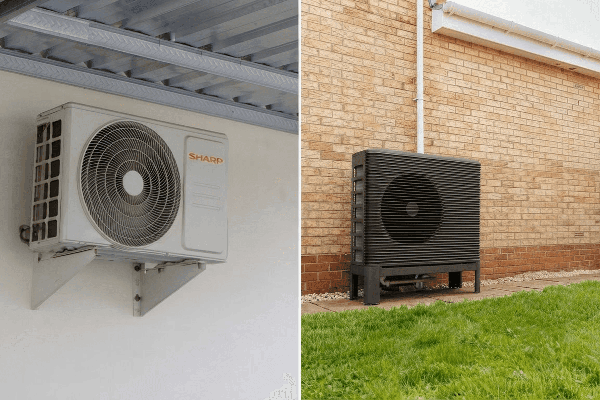 Heat pump and air conditioning unit in a split screen