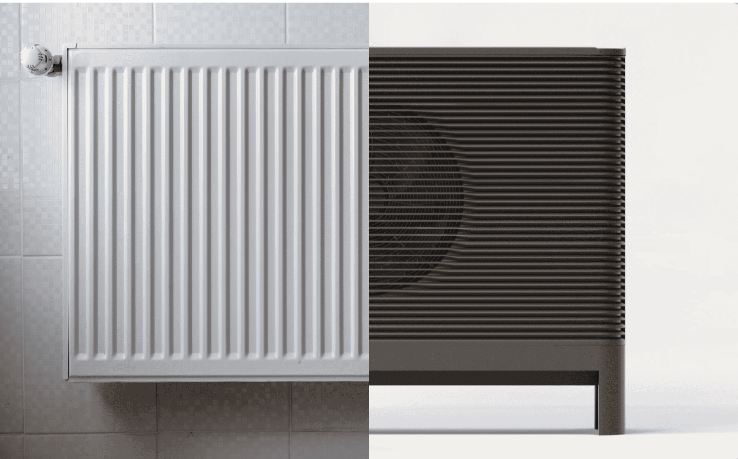 Picture of half a radiator and half an Aira Heat Pump split down the middle of the page