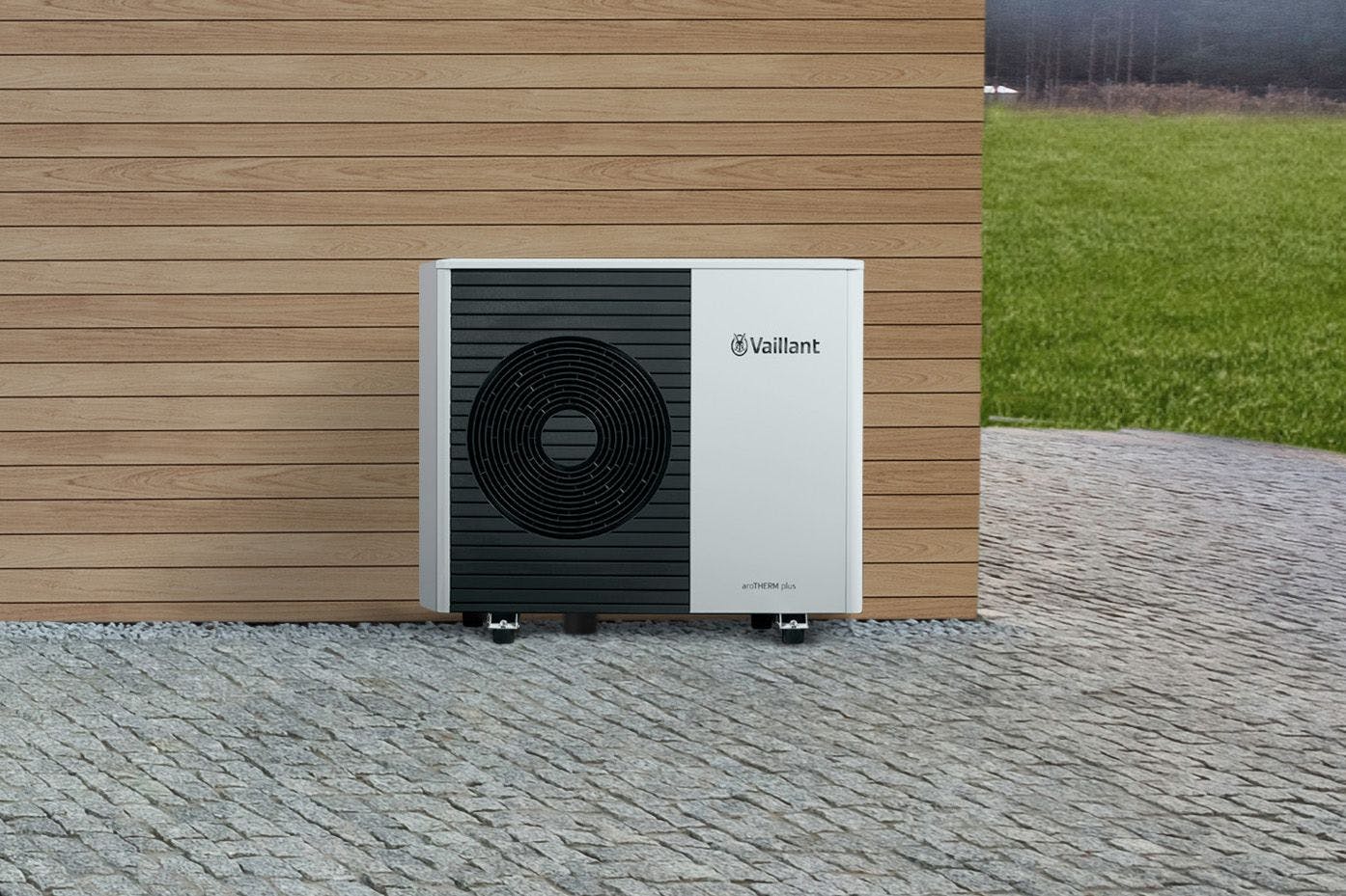 Vaillant aroTHERM plus 6-8kW air source heat pump outside a home