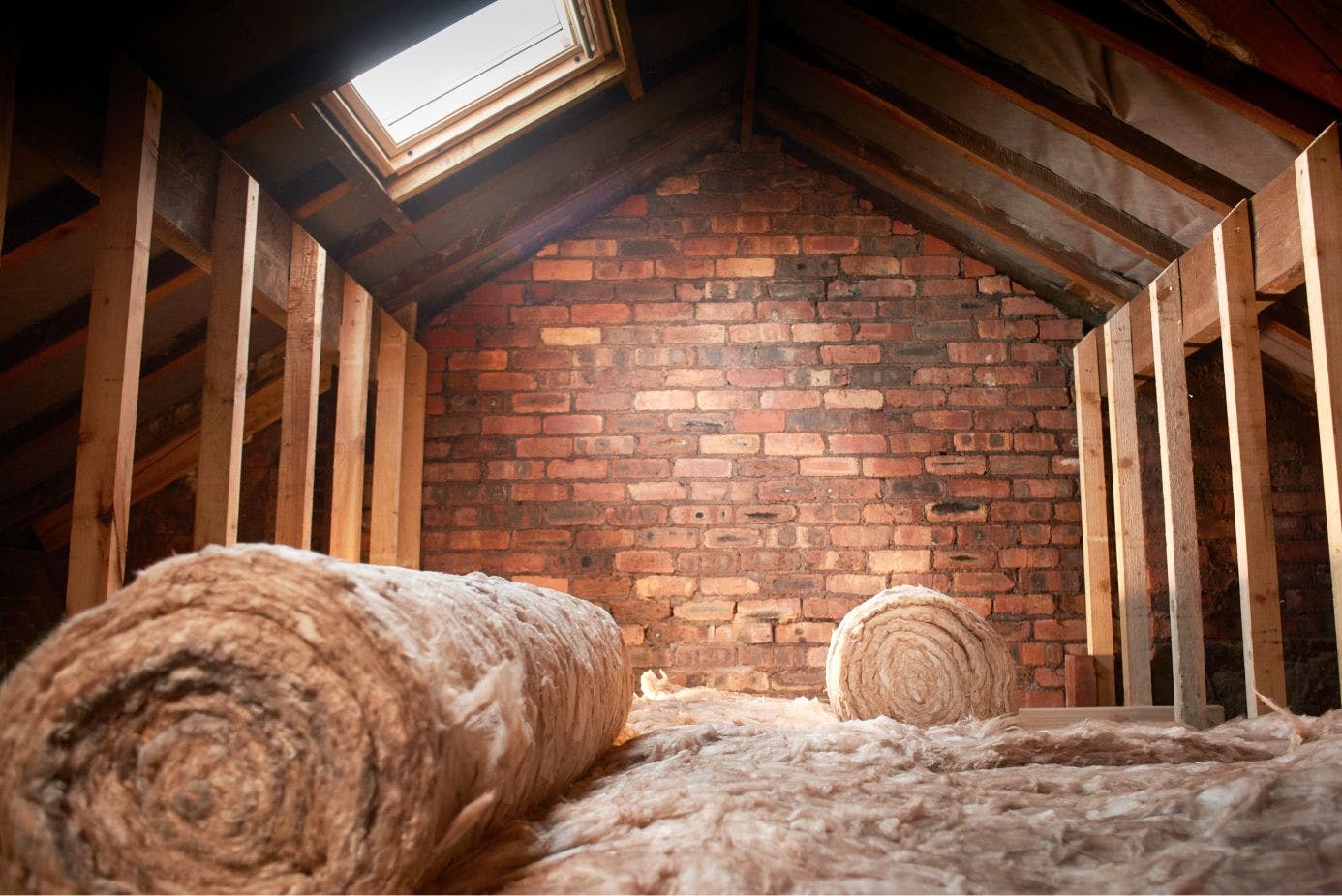 Inside a loft with a window in the roof, laid with loft insulation with two rolls inside