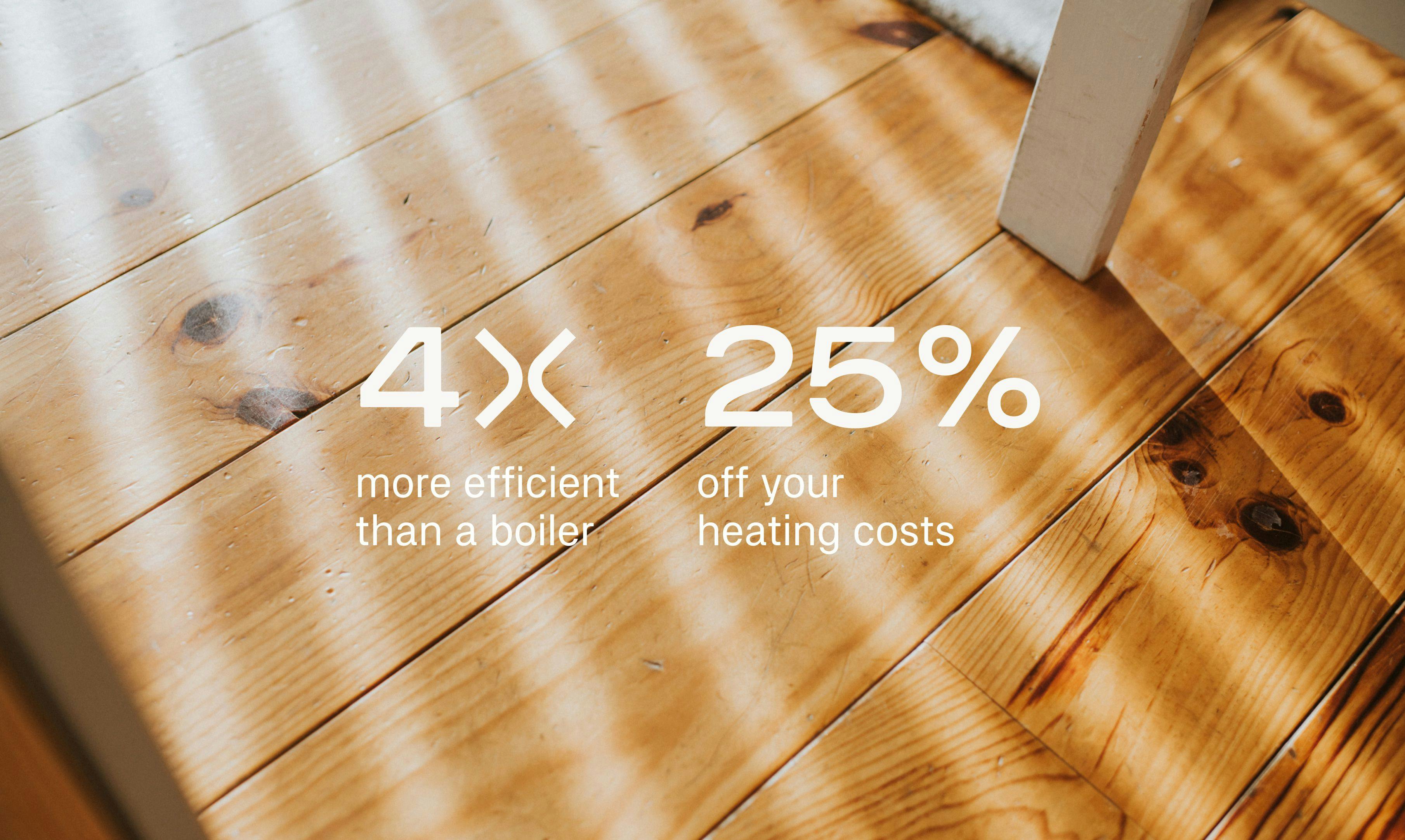 Wooden flooring with beams of light and two statistics highlighting air source heat pumps are 4 times more efficient than boilers and reduce heating costs by 25%