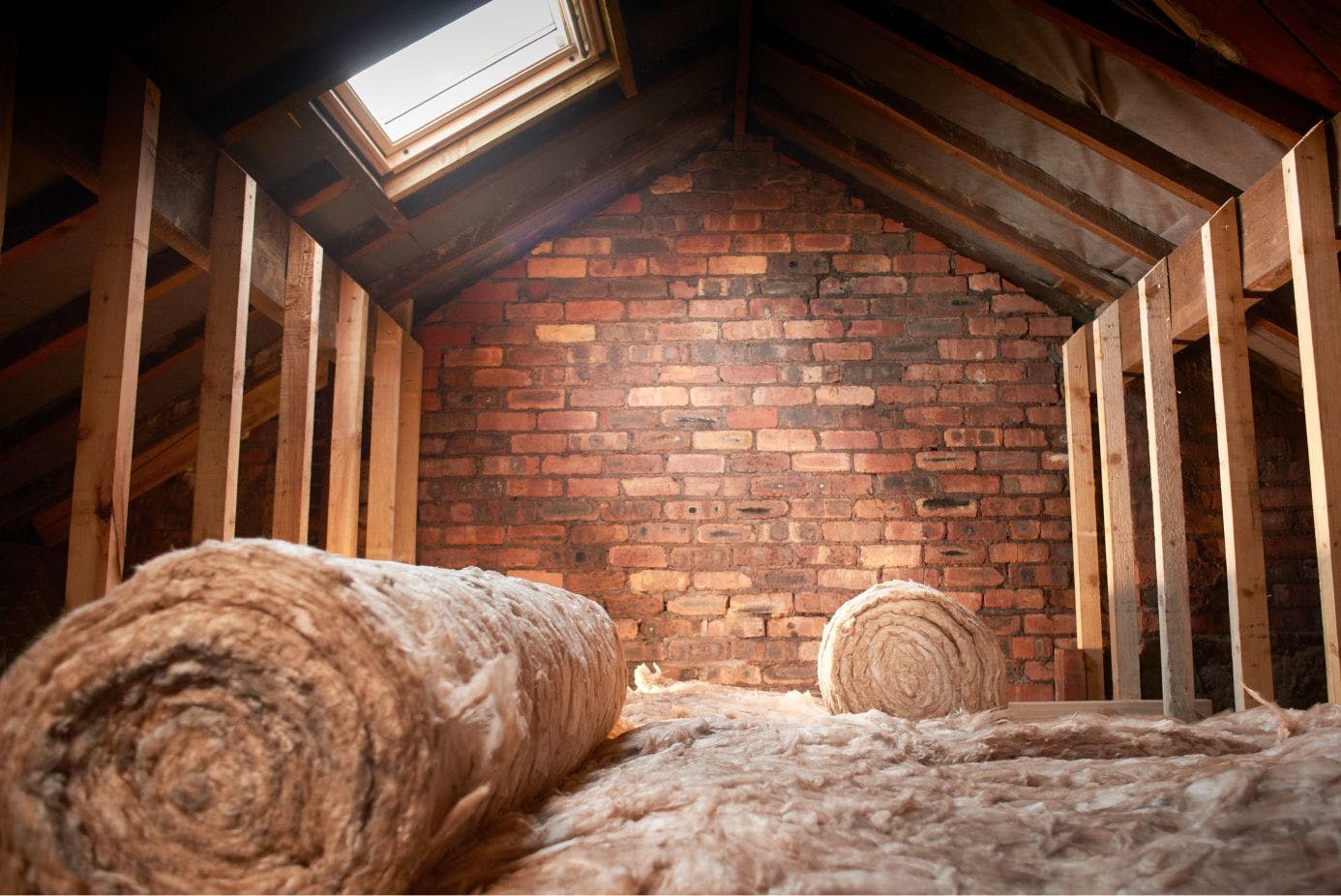Inside a loft with a window in the roof, laid with loft insulation with two rolls inside