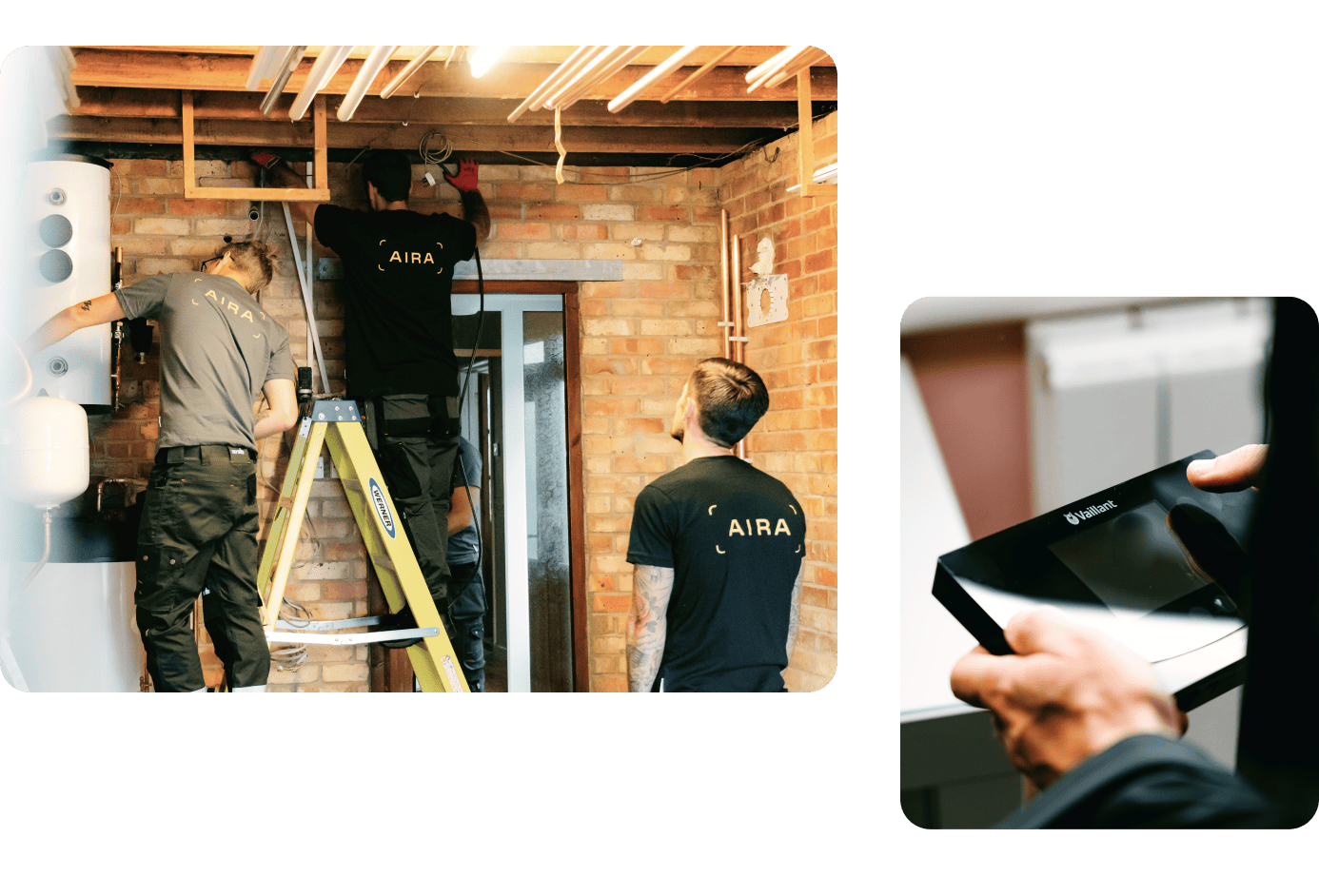 Heat pump installers from Aira finishing the installation of a hot water tank for an air to water heat pump and programming a thermostat